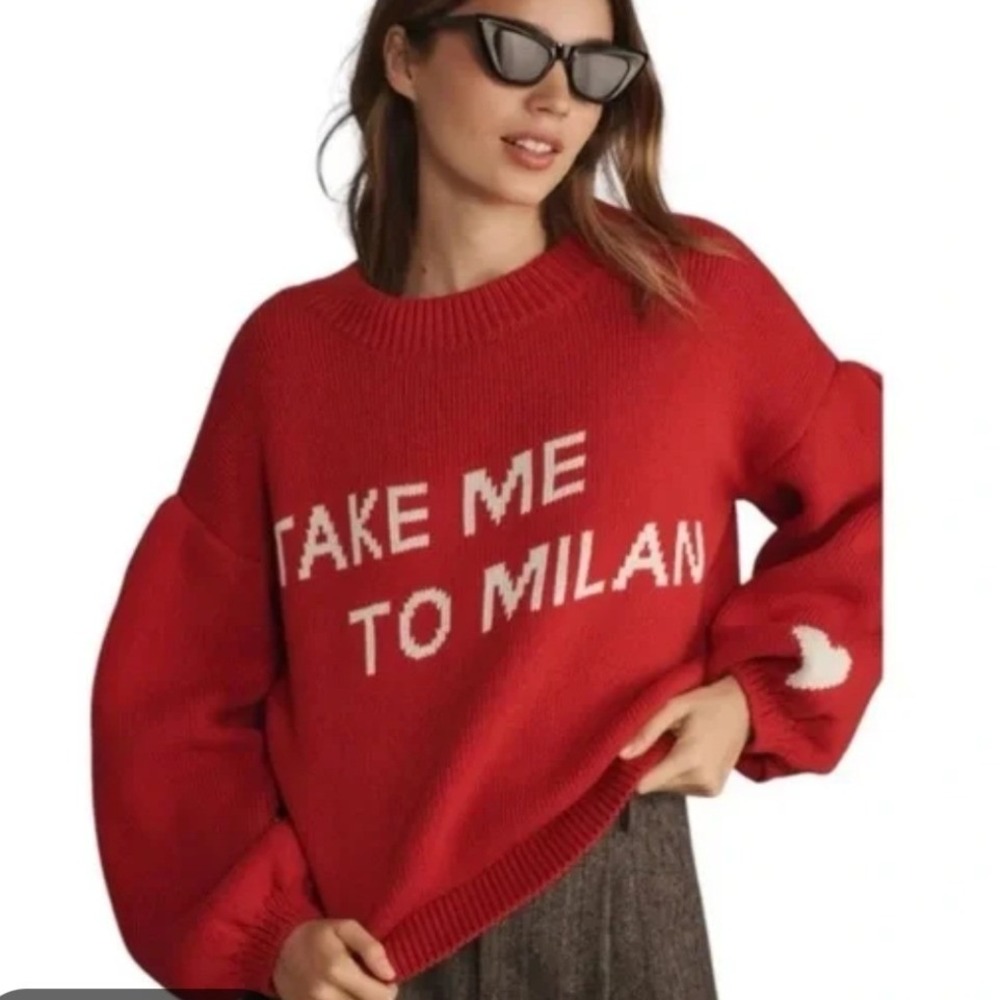 Maeve Red Take Me To Milan City Graphic Knit Oversize Cotton Sweater Women L‎